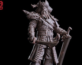 May include: A detailed miniature of a cursed pirate captain, holding a sword and a dagger. The figure is sculpted in a dark grey colour and stands on a circular base. The figure is part of a collection called "The Eternal Storm".