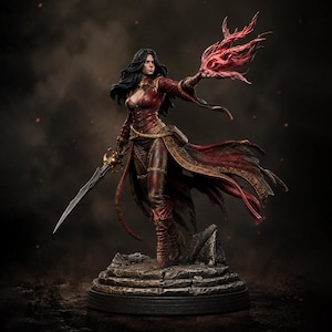 May include: A detailed figurine of a dark-haired figure wearing a deep red, textured coat and leather-like trousers. The figure holds a silver sword in one hand and projects a swirling, translucent red flame effect from the other hand.