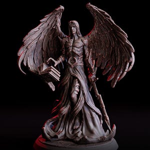 May include: A detailed statue of an angel with large, feathered wings, holding a book and a staff. The figure is depicted in a flowing robe, with intricate detailing. The statue has a dark, weathered appearance, with red lighting highlighting the details.