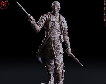May include: A detailed miniature figurine of a street rogue, painted in a grey color scheme. The figure is holding a dagger in each hand and is standing on a circular base. The figure is part of the "The Tribal Gathering" release from Flesh of Gods Miniatures.