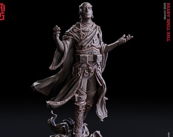 May include: A detailed miniature figurine of a human psion, painted in a brown and grey color scheme. The figure is wearing a long robe and has a staff in one hand. The figure is standing on a base with a swirling effect.