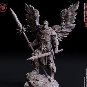 May include: A detailed miniature figurine of a paladin, a warrior with angelic wings, holding a sword and a spear. The figure is painted in a bronze color and stands on a rocky base. The miniature is part of the "Echoes of Corruption" series, released in November 2022.