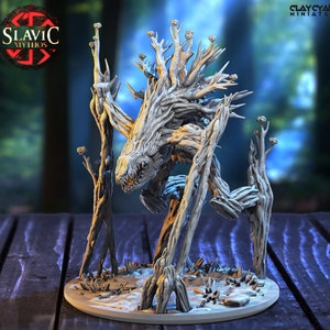 May include: A detailed, white, wooden, tree-like creature with a snarling face. The creature is standing on a round, white base. The creature is a miniature figurine.