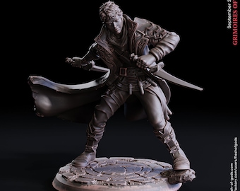 May include: A detailed miniature of a human rogue, painted in a dark brown color, holding a dagger in each hand. The miniature is standing on a circular base with a stone texture. The miniature is part of the "Grimoires of Madness" collection, released in September 2022.