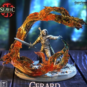 May include: A 3D printed miniature of a warrior figure with a sword, standing in a fiery orange and yellow flame effect. The figure is labeled "Gerard of Lydia" and "Slavic Mythos".