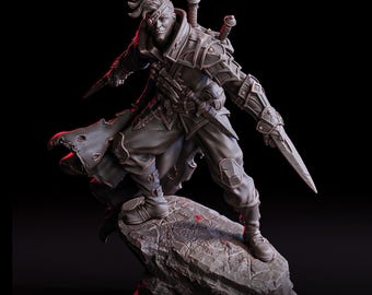May include: A detailed grey figurine of a character wearing a long coat and holding a dagger in each hand. The character has a patch over one eye and is standing on a rocky base.