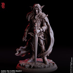 Puede incluir: Una figura miniatura detallada de un guerrero elfo de piel oscura con cabello negro largo, vistiendo armadura de cuero y sosteniendo una espada. La figura está de pie sobre una base rocosa. El texto "Judah, The Goblin Shadow" y "Medium - 25 mm base" es visible debajo de la figura.