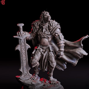 Leonin LionFolk Fighter in Armor | 28mm, 32mm, 54mm, 75mm Scales,100mm Tall | Dungeons and Dragons D&D 5e | Pathfinder| Daybreak Miniatures