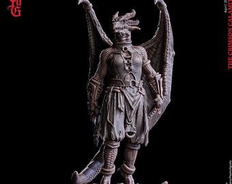 May include: A detailed miniature figurine of a female draconian fighter, painted in a bronze color. The figure is wearing armor and holding a sword. The figure is standing on a rocky base. The figure is 25 mm tall.