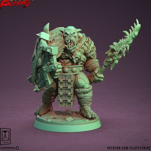 May include: A green plastic miniature figurine of an Orc warrior holding a large axe and a spiked club. The Orc is wearing a loincloth and has a fierce expression on its face. The miniature is pre-supported and ready to be printed.