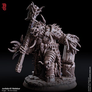 May include: A detailed miniature of an Archdevil Malakar, a monstrous figure with horns, claws, and a spiked axe. The miniature is painted in a dark brown color and stands on a 75 mm base.