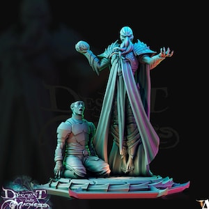 May include: A green and blue painted miniature of a tentacled creature holding a brain, standing on a circular base. A smaller miniature of a kneeling human figure is in front of the creature. The base has the text "Descent into Madness" on it.