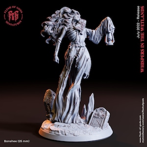 May include: A detailed, 25 mm scale miniature of a banshee, a female spirit in folklore, depicted as a skeletal figure with flowing hair and a tattered gown. She holds a lantern in her right hand and stands on a base with a broken tombstone.