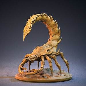 May include: A golden scorpion figurine with a curled tail and spiky legs. The scorpion is standing on a round base.