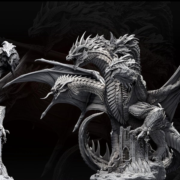Miniatura da Rainha Dragão Tiamat | Chefe Dragão de Cinco Cabeças | Resina SEM PINTURA para D&D