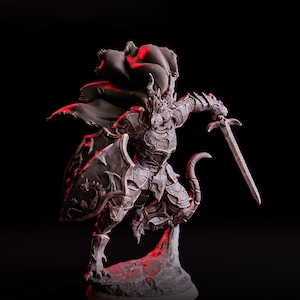 May include: A detailed gray figurine of a dragon warrior in a dynamic pose, holding a sword and shield. The figure is clad in ornate armor and a flowing cape, with a tail curled behind. The base is a rocky formation, and the background is black.