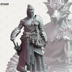 May include: A gray, detailed miniature figurine of a samurai warrior with a stoic expression, wearing traditional armor and holding a sword. The figurine is standing on a round base with the text "Kaoru Okami Stoic Wolf" printed on it.