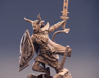 Tiefling Female Fighter Shield Master | 3 Sizes /Scale Resin Miniature | Dungeons and Dragons | Pathfinder | Strahd