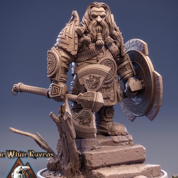Dwarf Fighter Paladin Axe and Shield | D&D| 28mm,32mm,54mm, 75mm, 100mm Scale | Pathfinder Mini for Painting | Daybreak Miniatures
