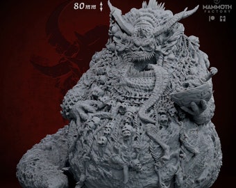 May include: A gray, detailed miniature of a grotesque, fleshy creature with a bowl in its hand. The creature is covered in bones, skulls, and other body parts. The miniature is 80 mm tall and sits on a 75 mm base. The text "THE HERALD OF PLENTY" is printed below the miniature.
