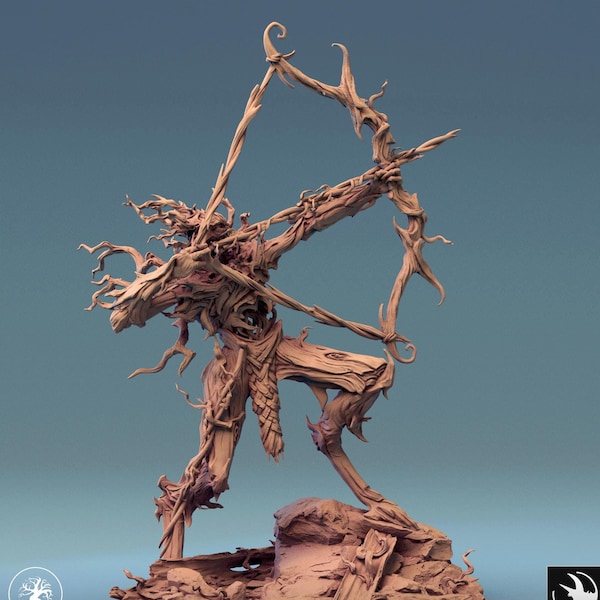 May include: A detailed miniature figurine of a humanoid figure made of wood and vines, holding a bow and arrow. The figure is standing on a rocky base with roots and vines growing around it. The figurine is painted in a light brown color.