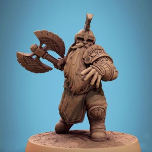 May include: A brown figurine of a dwarf warrior, holding a double-bladed axe. The dwarf is wearing a helmet, armor, and boots. The figurine is standing on a circular base. The overall theme is fantasy.
