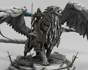 Mounted Elf Paladin Miniature | Winged Feline Queen | DnD Pathfinder UNPAINTED Resin