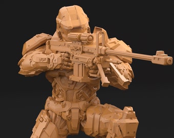 May include: A 3D printed model of a futuristic soldier in a kneeling position, holding a large rifle with a scope. The model is printed in a light brown colour.