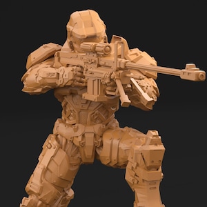 Space Spartan miniature with Sniper | 28mm, 32mm Scales also 50mm, 75mm, 100mm | Sci-Fi Video Games miniatures | Fan Art | 3Dartguy|