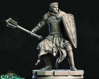 Human Cleric Paladin Mace and Shield Unpainted Miniature | 28mm, 32mm,54mm, 75mm, 100mm Scales | Dungeons and Dragons | Pathfinder | DnD