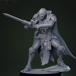 May include: A gray figurine of a futuristic warrior, holding a sword with both hands. The warrior is wearing armor and a cape. The base of the figurine is black, and the Mammoth Factory logo is in the top left corner.