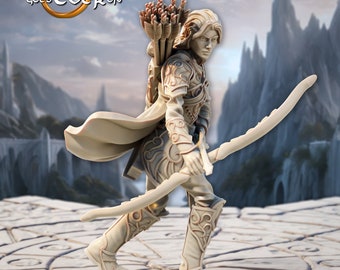 May include: A detailed figurine of an archer, clad in ornate armor and boots, carrying a bow and a quiver of arrows. The figure has long hair and a flowing cape. The Printing Goes Ever On logo is in the upper left corner. The color is a light beige.