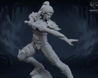 May include: A grey, detailed miniature figurine of a female elf warrior holding a sword. The figurine is posed in a dynamic action stance, with one leg raised and the other bent. The elf is wearing armour and a cloak, and her hair is pulled back in a ponytail. The figurine is set on a grey base with a rocky surface. The text "LATHRI, DRALFAR ASSASSIN" is printed below the base.