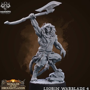 Leonin LionFolk Fighter Barbarian Unpainted | 28mm,32mm,54mm,75mm Scale | Resin | Dungeons and Dragons D&D 5e  | Pathfinder |Flesh of Gods