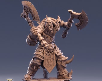 May include: A detailed miniature figurine of a fierce, armored orc warrior wielding two axes. The orc has a fierce expression and is sculpted with intricate details, including armor, weapons, and a horned helmet. The miniature is painted in a muted brown color scheme and is set on a rocky base.