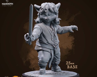 May include: A gray, 3D printed miniature of a furry, humanoid creature holding a sword. The creature has a pointed ear, a long snout, and a bushy tail. The miniature is standing on a round base with the text "25mm BASE" printed on it. The miniature is part of the "NOMADS OF THE DROUGHTLANDS" series and is named "CATIGO MONTOYA".