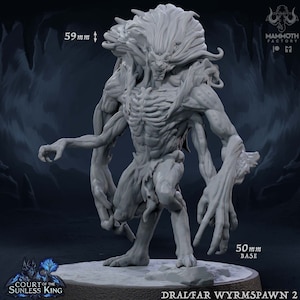 May include: Gray 3D printed miniature of a monstrous creature with multiple arms and a large head of hair. The creature is standing on a 50 mm base. The miniature is 59 mm tall. The text "Dralfar Wyrmpawn 2" is printed on the base.