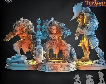 May include: Three 3D printed miniatures of bugbears, one wielding a large axe, one with a spiked club, and one with a large sword. The miniatures are painted in shades of orange, brown, and blue. The miniatures are on circular bases. The text "Bugbear Band 435" is printed below the miniatures.