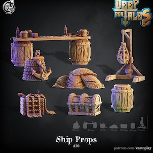 Può includere: Un set di 10 accessori per navi in legno per giochi da tavolo, tra cui barili, un tavolo, uno scrigno, una corda e una carrucola. Gli accessori sono dipinti con una finitura in legno realistica e hanno dimensioni approssimative da 30 mm a 47 mm.
