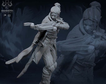 May include: A grey, detailed miniature figurine of an elf holding a crossbow. The elf is wearing a cloak and armour, and has a determined expression on their face. The miniature is set on a circular base.