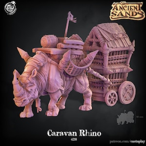 Carroça de caravana completa para rinocerontes ou rinoceronte pelado | Escalas de 28 mm e 32 mm disponíveis | D&D Resin Dungeons and Dragons | Pathfinder Tabletop Cast N Play