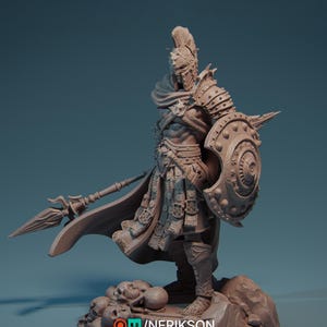 May include: A detailed, gray, sculpted figurine of a warrior wearing a helmet, armor, and a cloak. The warrior holds a spear in one hand and a shield in the other. The warrior stands on a base with skulls.
