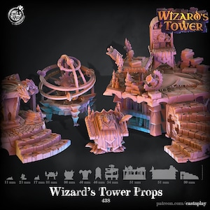 May include: A set of 3D printed miniature props for tabletop role-playing games, featuring a wizard's tower with a variety of details, including a globe, a book, and a staircase. The props are made of a light pink plastic and are approximately 11 to 51 mm in size. The set is called "Wizard's Tower Props 438" and is available on Patreon.com/castnplay.