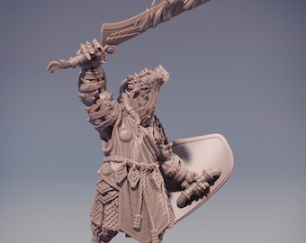 Resin Dragonborn Fighter Miniature | Flaming Sword and Shield, D&D