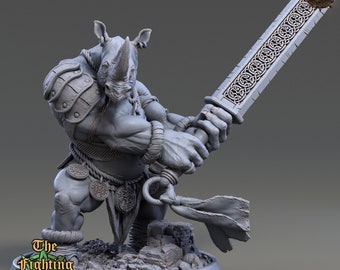 Rhino-folk Warrior Miniature with Two-Handed Sword and Shoulder Armor