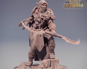 May include: A detailed miniature of an elf warrior, painted in a light brown color, holding a curved sword. The miniature is standing on a textured base. The text "The Elves of the High Hollow" is visible in the background.