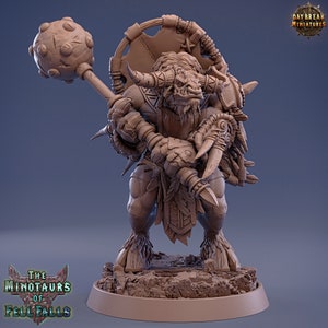 May include: A brown, unpainted miniature figurine of a minotaur warrior holding a spiked club and a shield. The minotaur is wearing a loincloth and has a fierce expression on its face. The miniature is part of the "The Minotaurs of Fell Falls" collection.