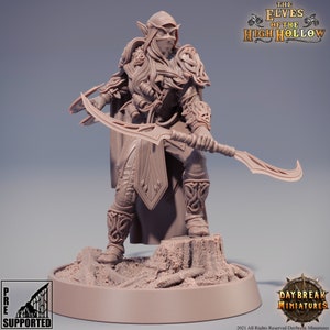 May include: A detailed miniature of an elf warrior, painted in a light brown color, holding a curved sword. The miniature is standing on a textured base. The text "The Elves of the High Hollow" is visible in the background.