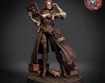 May include: A detailed figurine of a woman in a fantasy outfit, holding a book and glasses. The figure is dressed in brown and tan clothing, with a long coat and boots. The figurine is standing on a wooden platform with books.