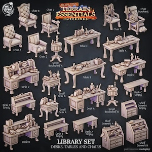 Może przedstawiać: Zestaw 3D-drukowanych miniaturowych mebli do gier fabularnych, w tym biurek, stołów i krzeseł. Meble są zaprojektowane w stylu bibliotecznym, z detalami takimi jak regały i szuflady. Zestaw nazywa się "Library Set: Desks, Tables and Chairs".